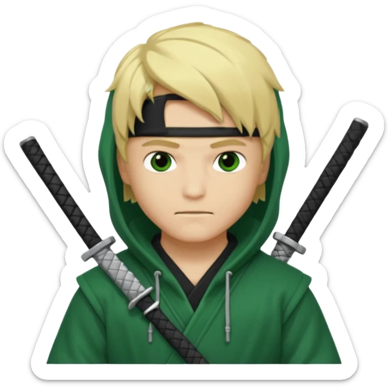Green ninja Lloyd garmadon blonde hair, kaptur hoody on his head but blonde grzywka visible; the bottom left one is best (the one without miecze + black band + no mask of face) but add miecz sticker
