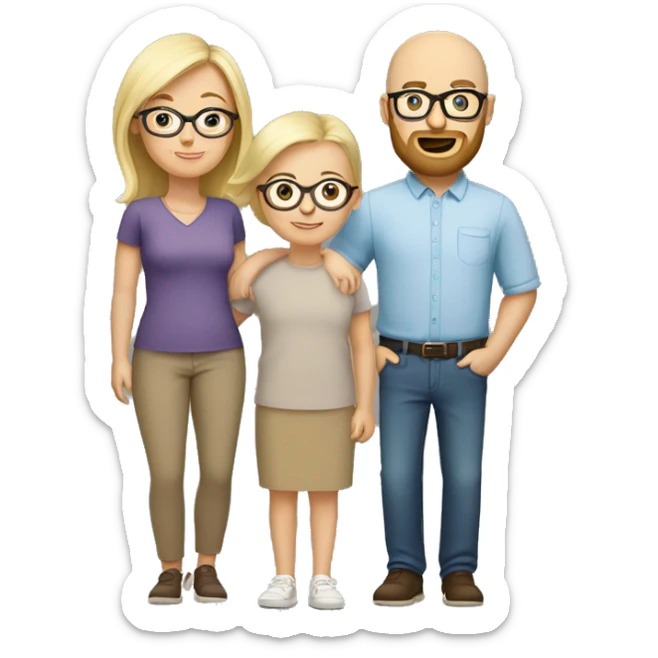 White family of four. Brown haired mom with glasses, shaved head dad with beard. Blonde older boy. Blonde baby girl.  sticker