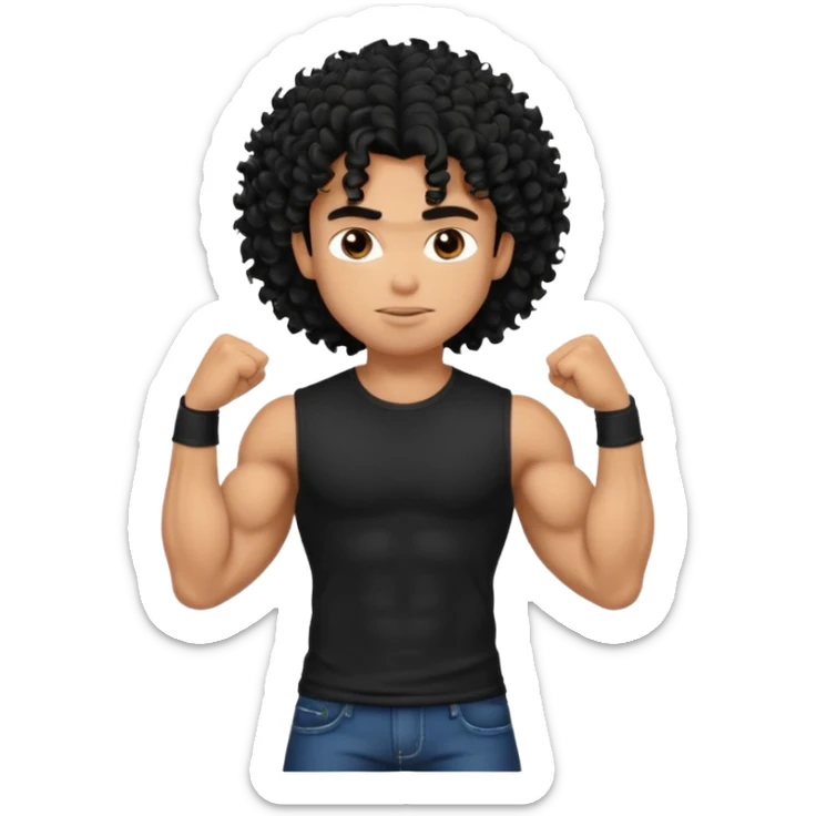 a pretty bratz guy with curly black hair with big muscles and shaggy hair in a tight black tee sticker