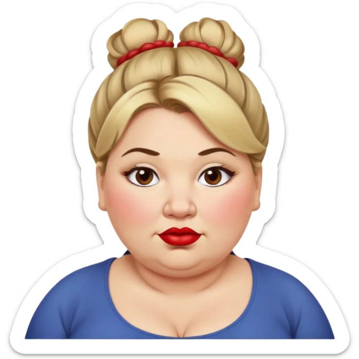 An overweight woman with a double chin dirty blonde hair in a messy bun with red lipstick sticker