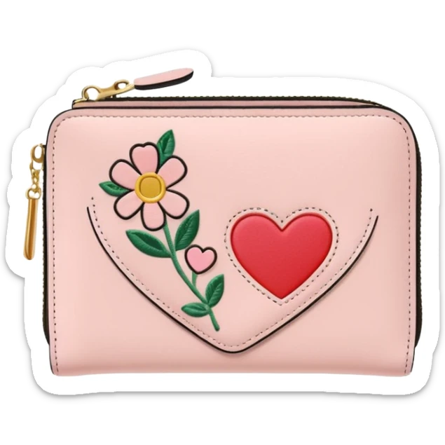 Pale Pink cute Wallet with heart charm, credit cards inside and flowers growing embroidered on it, clean aesthetic, letter R charm on it sticker