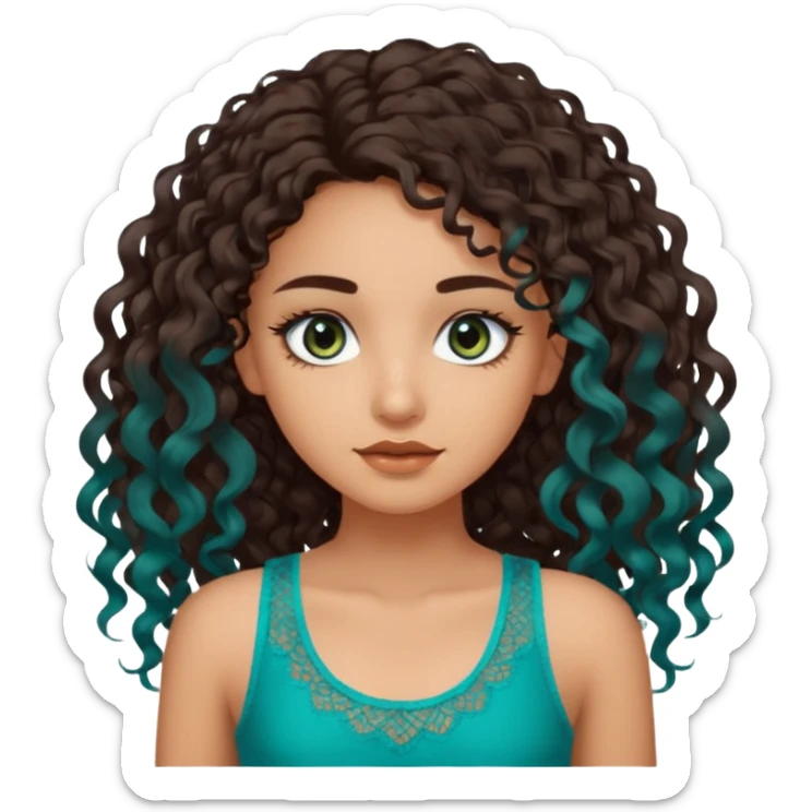 Girl with olive skin, teal eyes, dark brown  loose curly long hair, lacey tank top sticker