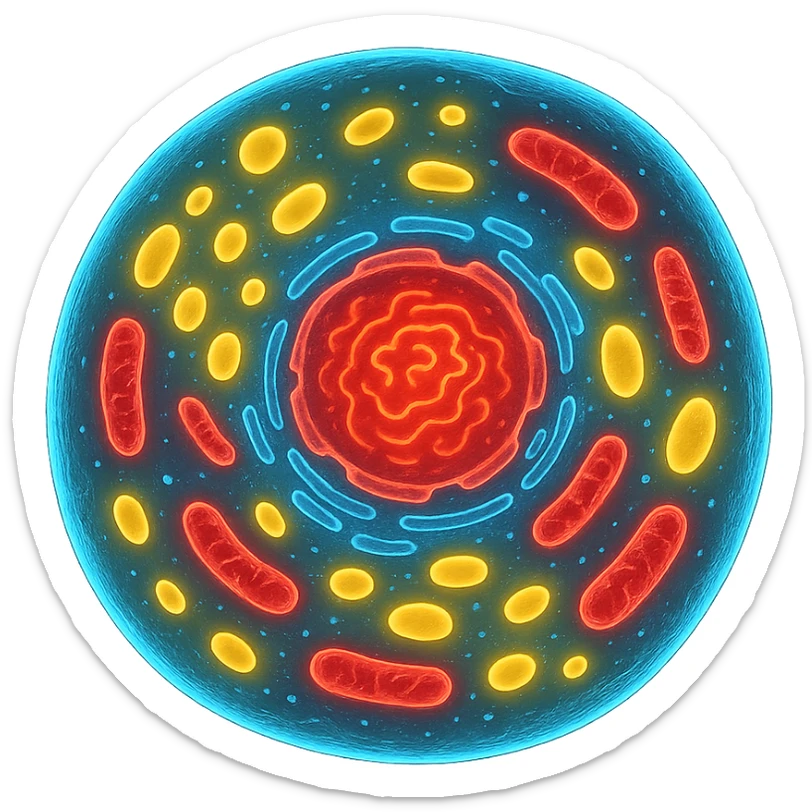 Zelle, deren Inhalt leuchtet in verschiedenen Farben (z. B. blau für Wasser, rot für Proteine, gelb für Lipide sticker