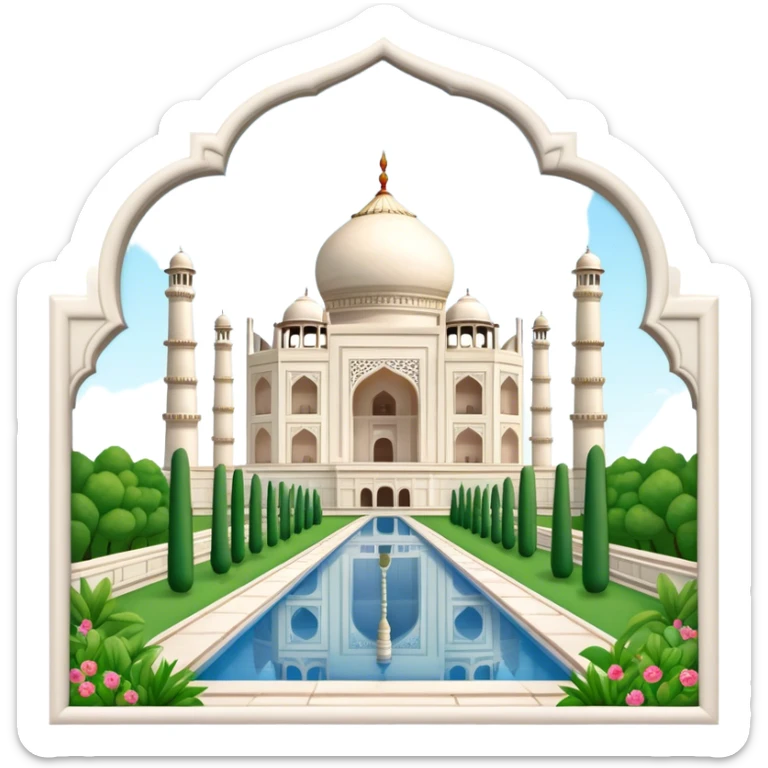 Cinematic Realistic Taj Mahal Landmark Emoji, depicted as the iconic marble mausoleum set amidst lush gardens rendered with intricate detail and ethereal, soft lighting. sticker