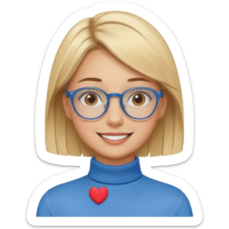 Asthectic pretty Blonde women brown eyes, blue glasses, wearing a brown polo neck shirt and smiling with little hearts around her. sticker