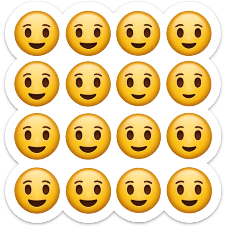 Koyu renk, dağınık dalgalı saçlı, kısa kahküllü, yuvarlak gözlüklü ve büyük kahverengi gözlü bir genç kadının yüzünü gösteren emoji tarzı illüstrasyon. Hafif bir gülümseme veya tatlı bir sırıtış ifadesi var. Cilt tonu açık. sticker