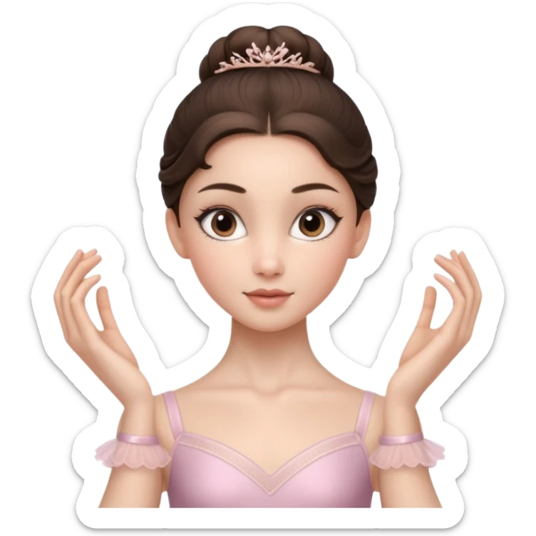 Cinematic Realistic ballerina Portrait, depicted with lifelike skin texture, subtle rosy undertones, and soft natural lighting that enhances the gentle contours of her face. Her intricately detailed sweet brunette hair is elegantly styled, sticker