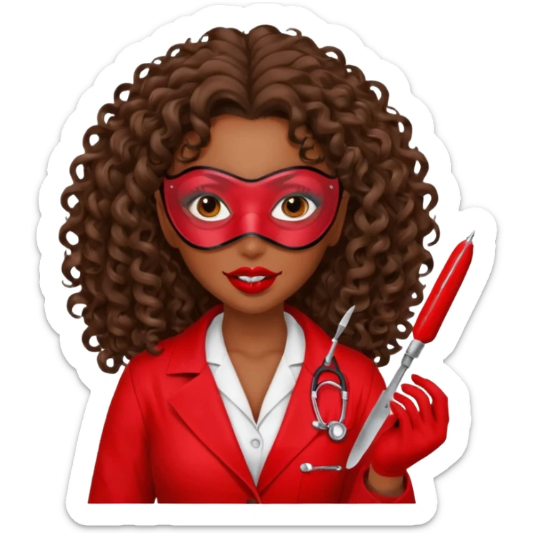 Lilith symbol seductress evil woman. She had brown long curly hair.  evil surgeon kills with scalpel wears red sexy doctor coat with red mouth mask  sticker