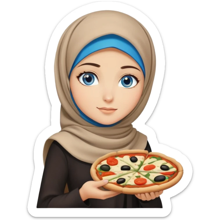 Turkish beautiful finish Konya girl blue eyes with beige and black hijab islamic dress and had on her hand a slice of pizza vegetable pizza  sticker