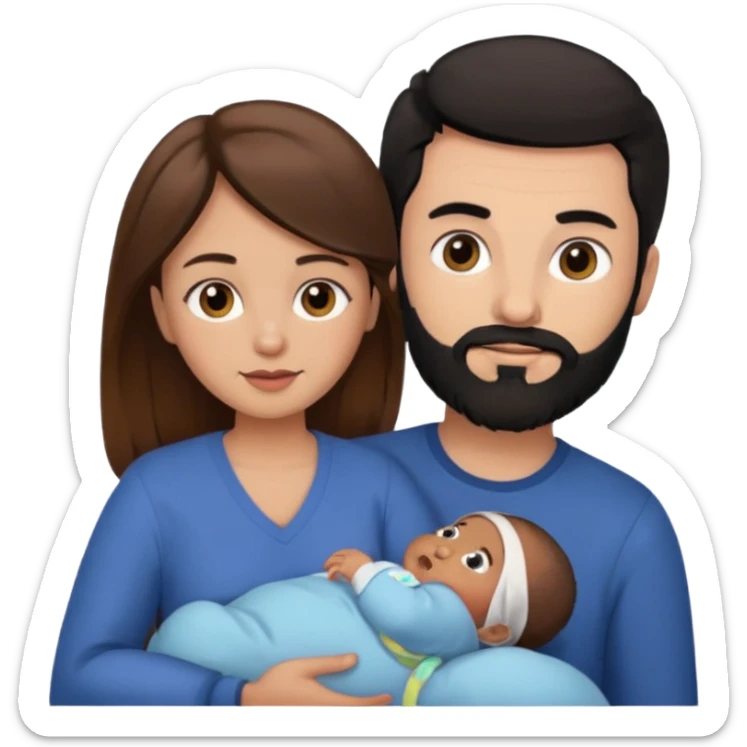 Una mujer con pelo castaño y ojos marrones  con un bebé y un hombre con pelo negro y barba sin bebe sticker