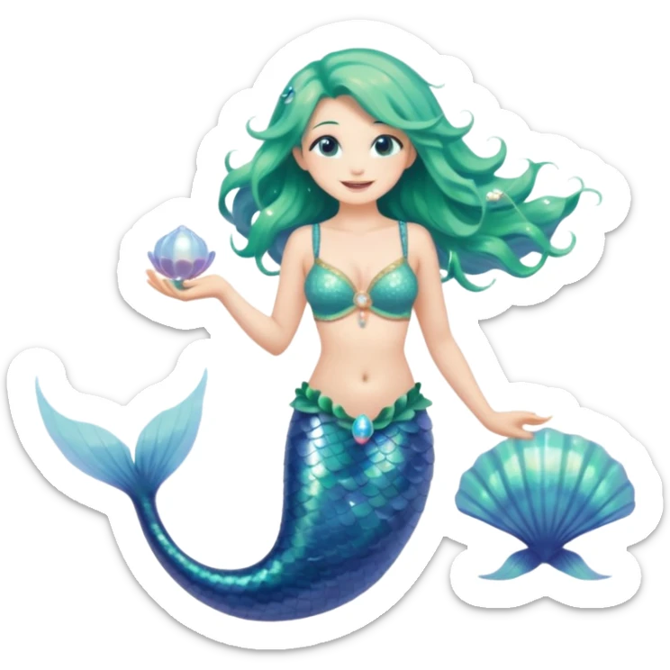Full body of a mermaid with long flowing sea-green hair, shimmering blue-scaled tail, shell bra, holding a pearl in one hand, smiling softly, front-facing, surrounded by glowing sea particles, fantasy style sticker
