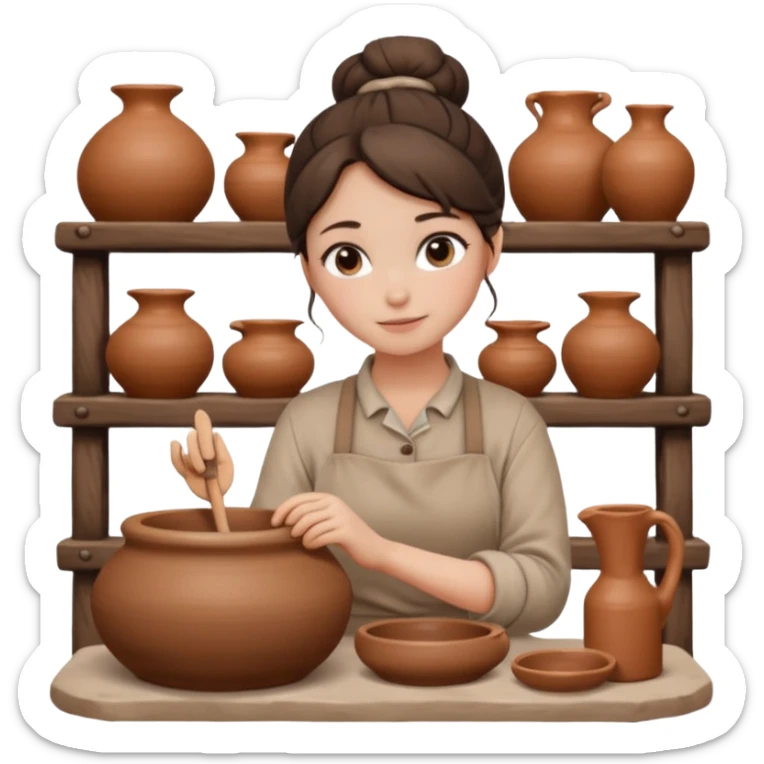 Brunette girl with a bun, behind the potter's wheel, wearing neutral clothing sticker