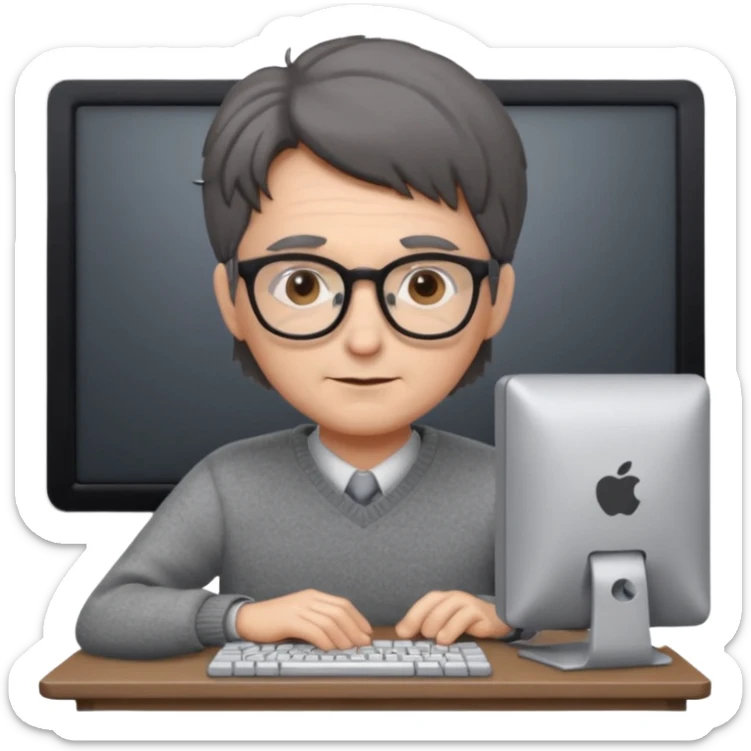 Profesor de pelo gris marrón oscuro con gafas un  jersey gris y un ordenador los óleos son marrones con poca cantidad de pelo sticker