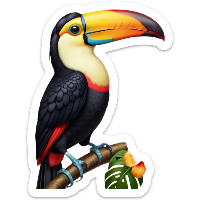 Cinematic Noble Toucan Portrait Emoji, Poised and regal, with a vibrant, striking beak and a sleek, colorful body adorned with bold patterns and keen, observant eyes, Simplified yet sharp and sophisticated features, highly detailed, glowing with a soft, tropical radiance, high shine, intelligent and majestic, stylized with an air of exotic elegance, focused and alert, soft glowing outline, capturing the essence of a watchful and confident avian guardian that appears ready to take flight out of the screen with effortless authority! sticker
