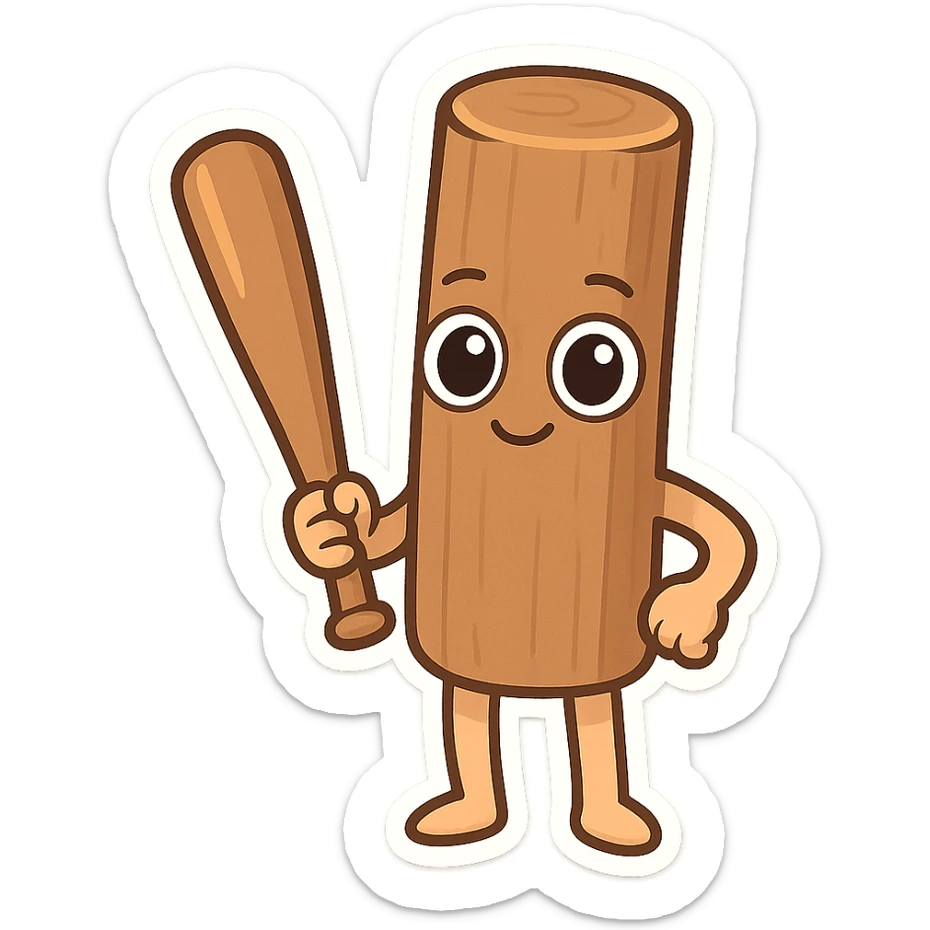 Chibi emoji of Tun Tun Suhoor, wooden stick body, smooth brown texture, big cartoon eyes on the stick, small smile, human arms and legs, holding a wooden bat, absurd and funny meme style, no text sticker