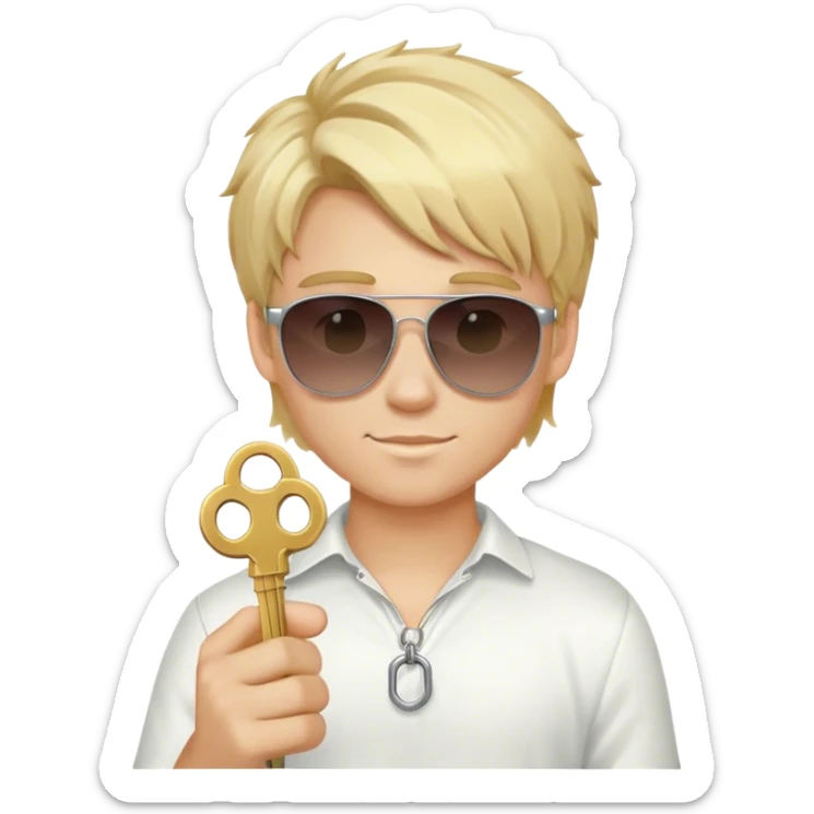 A young blond man, with a gradient in the hair and sunglasses. He holds a key sticker