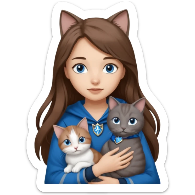 gorgeous Girl with light skin, blue eyes, long brown hair, wears a ravenclaw outfit, with a grey and white cat holding in her arms sticker
