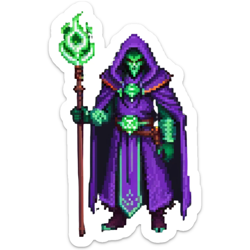 warlock with purple robes, green fel magic, demonic energy, holding a staff, World of Warcraft character sticker