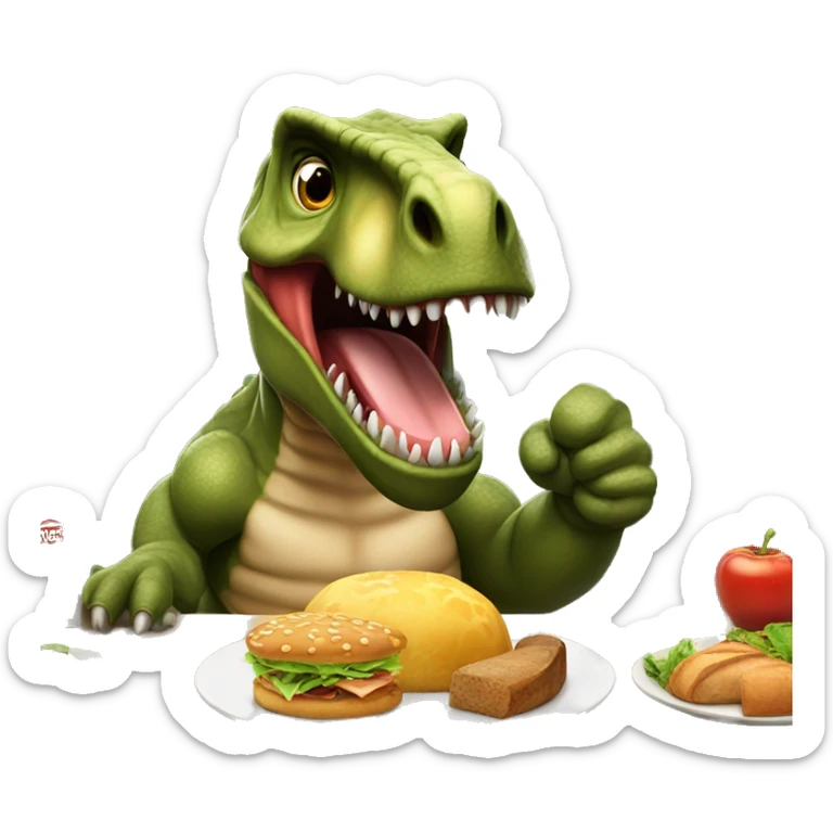 tyrannosaurus showing thumbs up wth a table with food in the back sticker
