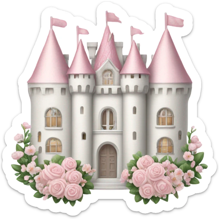 white elegant castle that is very feminie and pretty and elegant and it had baby pink accents when i say accents i mean like props like for example like baby pink flower sticker
