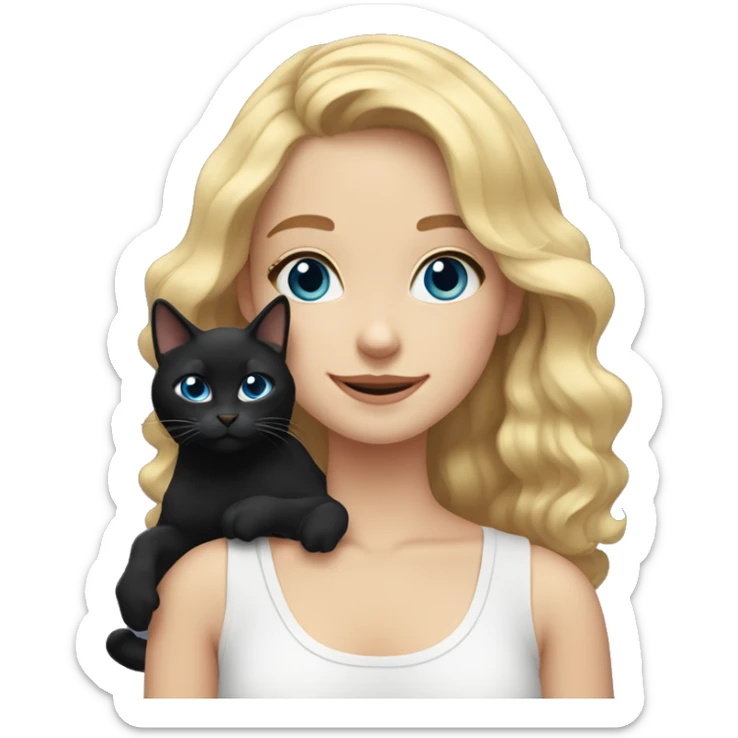Girl with medium length blonde wavy hair dark blue eyes smiling with a black cat in her hands sticker