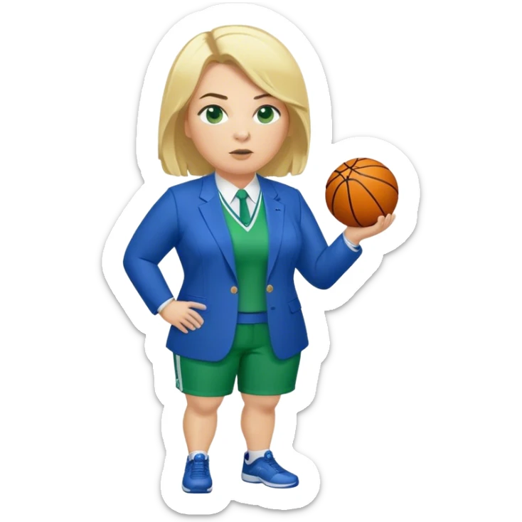 Full Body white plus size female basketball head coach with whistle  blonde hair shoulder length in a blue and green suit sticker