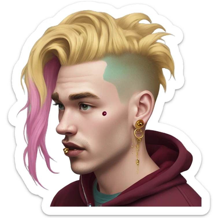 Vintage grunge patina intricate swirls golden sparkle Deep pink maroon burgundy cyan dark hoodie man dyed hair and gold piercings nose piercing ear piercings ice cream  sticker