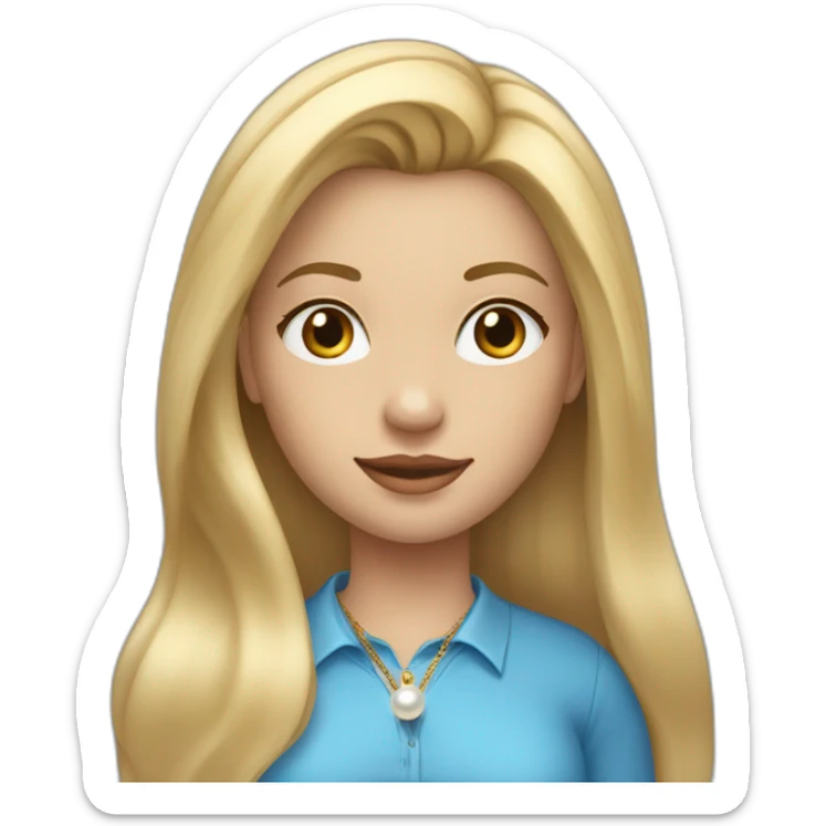 blonde girl with long straight hair dressed in a blue shirt with pearl earrings and a golden pendant sticker