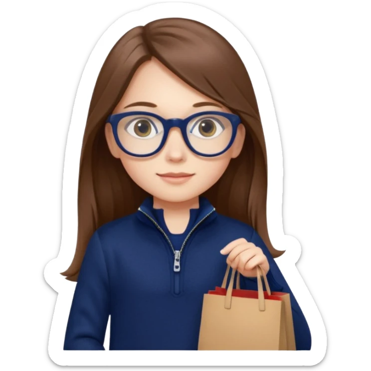 A little girl (he usually calls her baby), who is obsessed with shopping and luxury brands and holds a dozen of bags, she wears navy blue half zip sweater and holds 10 bags and she has long brown hair with Prada eyeglasses  sticker