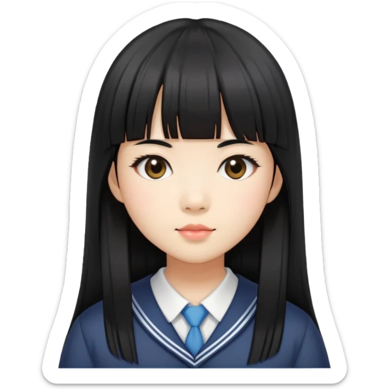 Asian schoolgirl with straight black hair, long length, and blunt bangs sticker