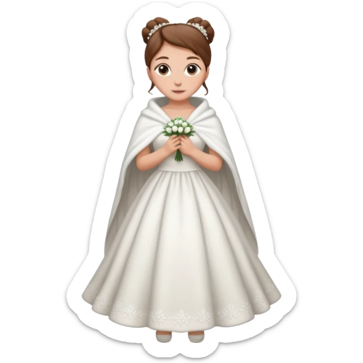 Cuerpo entero, chica blanca, pelo castaño, pelo recogido con mondongos, vestido novia con chal invierno sticker