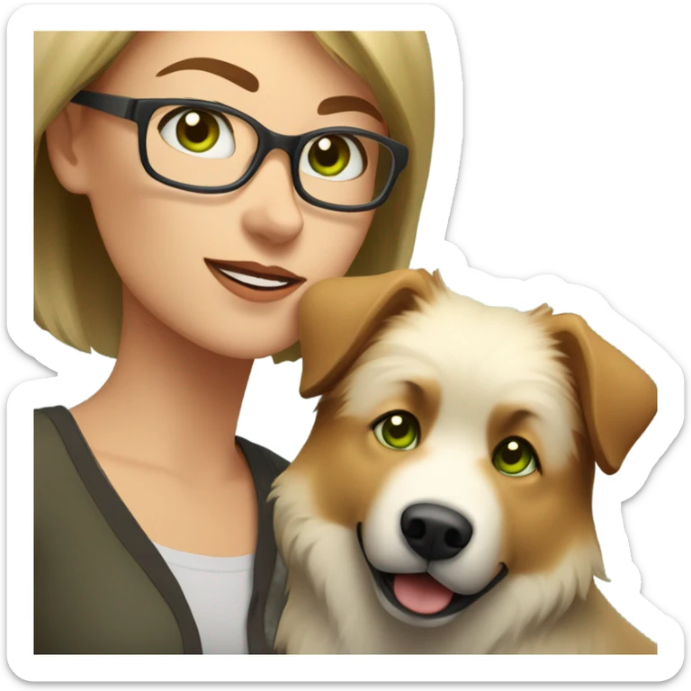 Brown light hair woman aux Green eyes with glasses Green eyes and White eurasier dog  sticker