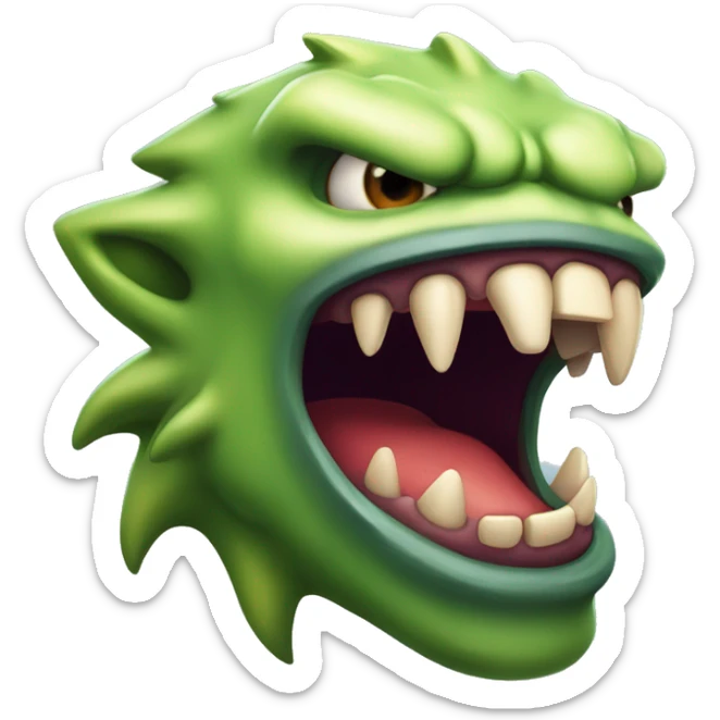 the mouth of a monster, in profile to the right side, an aggressive growl, saliva sticker