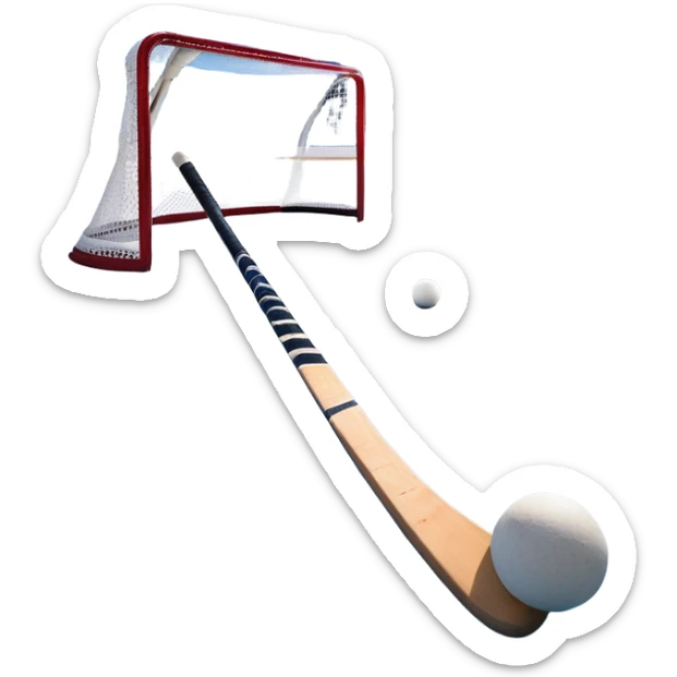A ball and hockey stick resting on an ice rink, with the goalposts and clear markings in the background. The scene captures the unique nature of field hockey with a ball on ice, emphasizing the speed and precision of the sport in a cold, competitive atmosphere. sticker