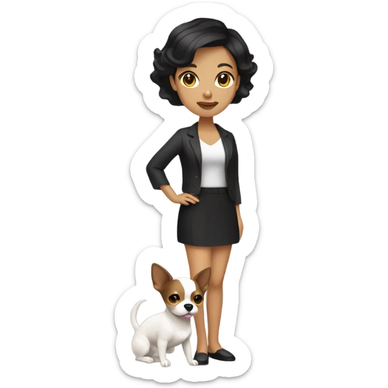 Wavy dark brown short hair Filipino lady with Chihuahua black and white. sticker