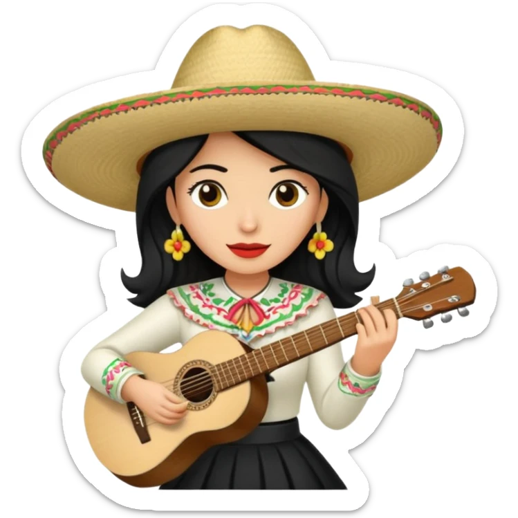 Mujer blanca con cabello negro teniendo un sombrero de mariachi sosteniendo una guitarra sticker