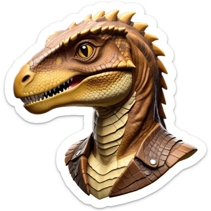 Cinematic Realistic Noble velociraptor/T-rex Portrait Emoji, Poised and imposing, with a massive, muscular build and a rugged, intricately scaled hide in ancient earthy tones, a sharply defined, fearsome head with piercing, primal eyes rendered in lifelike detail, high shine, intelligent and formidable, styled with an air of prehistoric authority, focused and attentive, soft glowing outline, capturing the essence of a watchful and confident velociraptor/T-rex that appears ready to roar out of the screen with timeless power! sticker