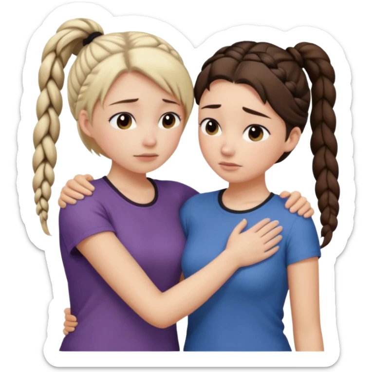 Comforting Hug two white skin women, one shorter woman with brown simple top ponytail, not braided, and one taller sad woman with a single long black side braid sticker