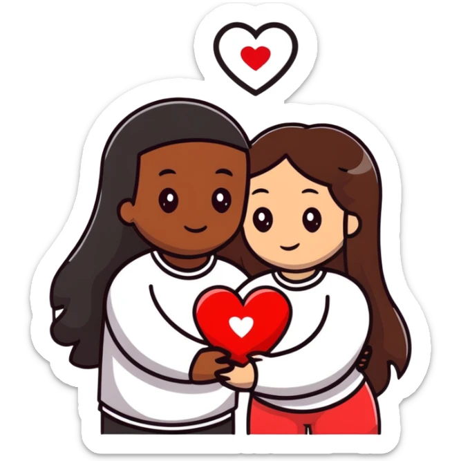 A couple embracing, man with mestizo brown skin and slightly long straight dark brown hair, woman with fair skin and long dark brown hair, with white hearts around them sticker