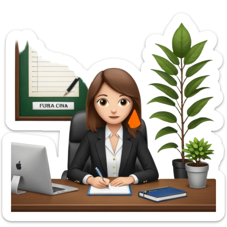 imagen de una mujer castaña en una oficina con escritorio, silla, notebook, agenda y una planta con un cartel que diga en español FUERA DE OFICINA sticker