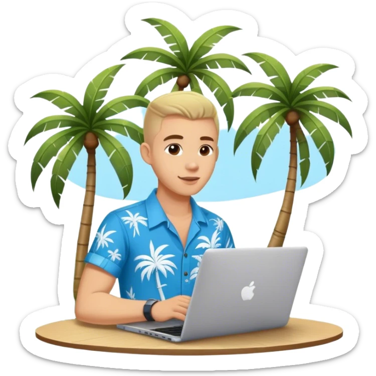 A digital nomad in bali working on a laptop wearing a tropical blue shirt with a palm tree on the side sticker