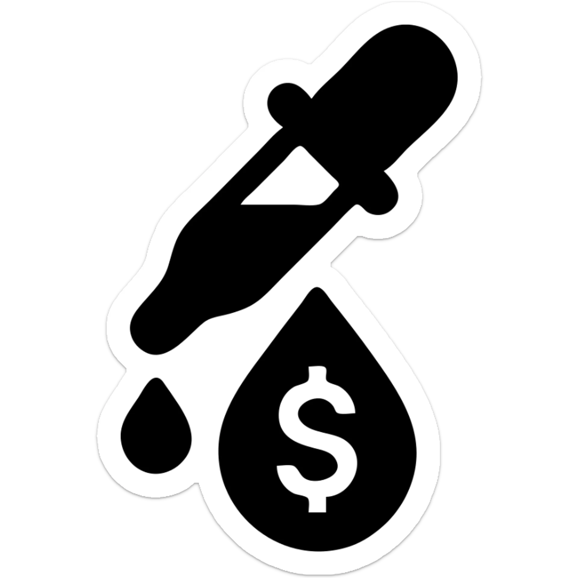 solid icon of a pipette at the top of a golden drop with a dollar sign inside the drop sticker