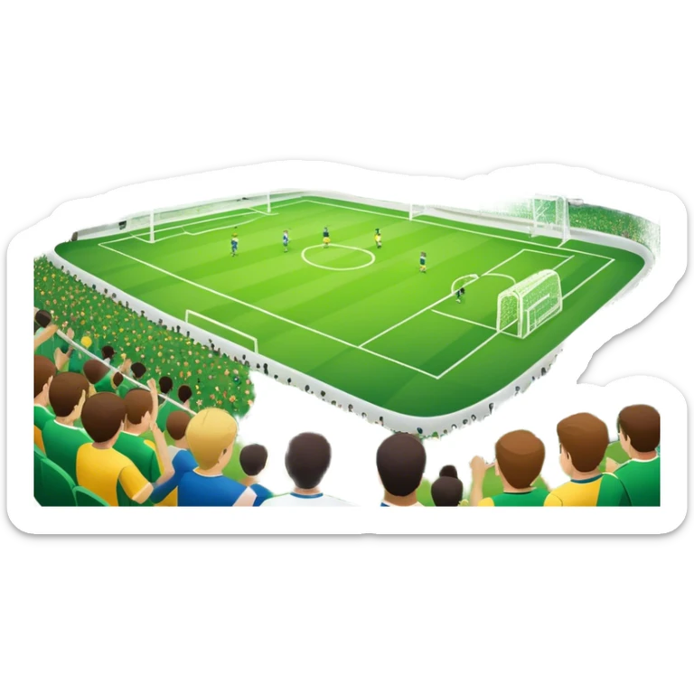 An icon showing a large, beautiful indoor stadium with soccer players on the field, actively playing. Fans cheer from the stands, creating a vibrant and energetic atmosphere. Bright lights shine down on the action, symbolizing the excitement of live sporting events. Transparent background. sticker