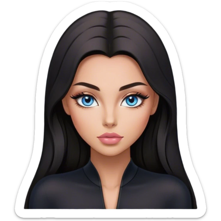 Glamours make-up, tanned, beautiful, girl, with blue eyes, big pump peach-beige-rose lips, eyeliner, long lashes, black straight smooth silky long hair, parting hair in the middle,  in black v-neck bodysuit long sleeves sticker