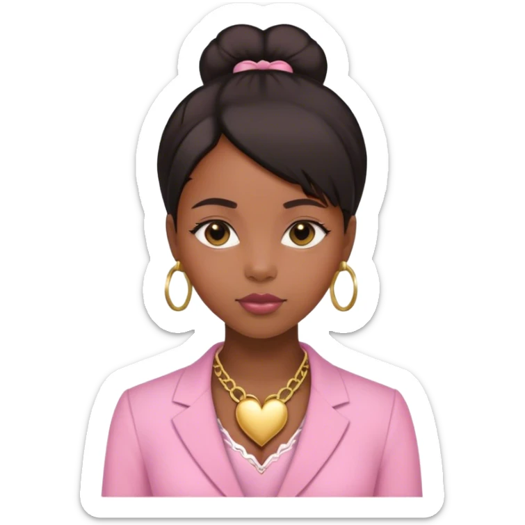 Black girl with straight hair down with baby edges and formal clothes that are pink for her interview and a gold heart necklace  sticker