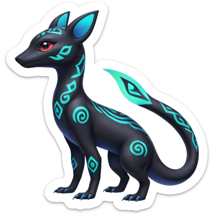 Colorful Neon Exotic Salandit-Aurorus-Umbreon-Fakémon-hybrid-creature (full body) with iridescent tribal markings sticker