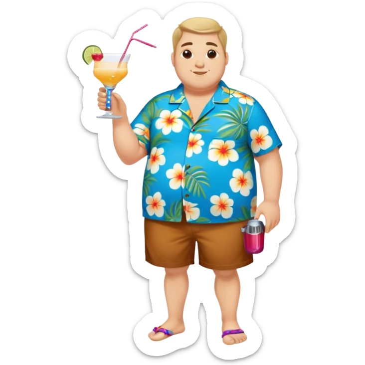 chubby guy full figure in a flowered azure havai shirt, brown shorts and flippers holding a cocktail sticker