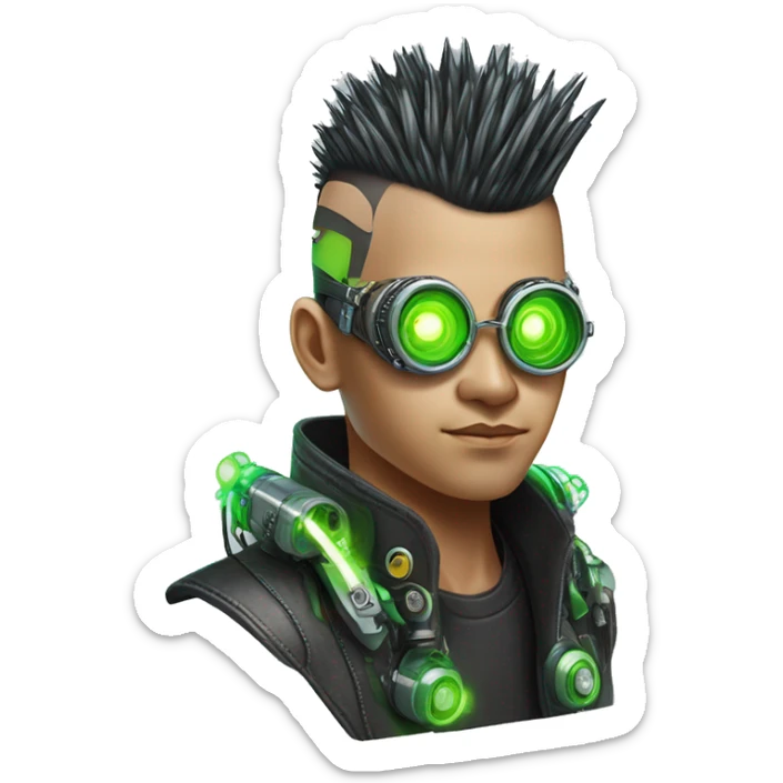 Mohawk hair with neon green highlights Asian male cyborg head with neon silver steampunk goggles and circuits sticker