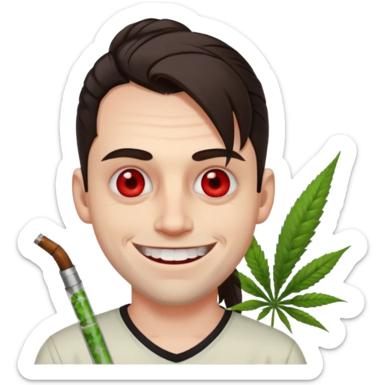 A white man with dark brown hair in a ponytail, oversized bloodshot eyes, grinning, weed smoker  sticker
