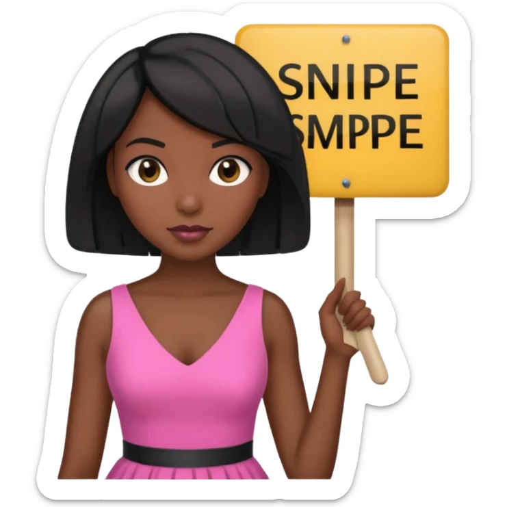 Dark skin woman with black bob in hair holding sign that says snipe  wearing pink dress  sticker
